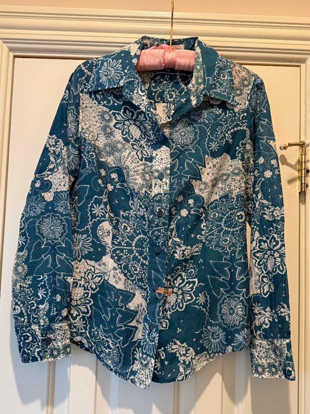 Coldwater Creek Teal, White L/S Blouse Sz S